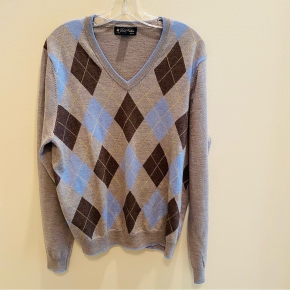 Brooks Brothers Academia Italian Merino Wool Argyle Knit Sweater Gray MEDIUM - Picture 1 of 6